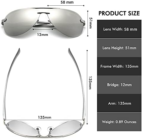 Крабег Поларизирани Авијатичарски Очила ЗА Сонце За Мажи И Жени Ув 400 Заштита Огледална Леќа без Раб од 63 ММ за Возење Риболов