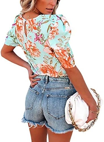 QCEMENI жени маички со кратки ракави за кратки ракави, цветни блузи за печатење, обични врвови на вратот на вратот летни трендовски