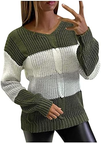 Женски есен џемпери плетејќи контра контраст на вратот шарени џемпери со долги ракави, обични кошули со зимска мала тежина