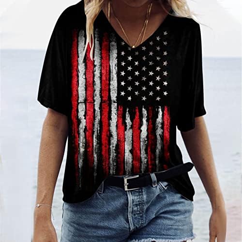 4 -ти јули врвови за жени 2023 летни модни патриотски кошули Американски Falg кратки ракави V вратот за празник блуза
