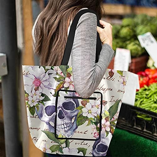 Дија де Муертос черепи цвеќиња преклопени рамо тота торба за еднократна употреба на намирници, тешка школа торба торба за купување
