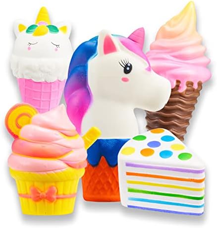 Бавно издигнување на џамбо -squishies сет пакет од 5 - Торта со триаголник на виножито, сладолед од еднорог, чаша за торта и шарен крем за коњи