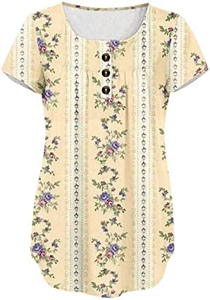 Женски врвови на туника 2023 пролетно лето трендовски маички со краток ракав, скријте стомак симпатични тимови обични облечени блузи за
