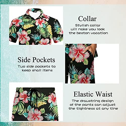 Lujengefa mens 2 парчиња Хавајски кошула и шорцеви поставува цветно тропско копче за печатење надолу за облека за облека за плажа за одмор