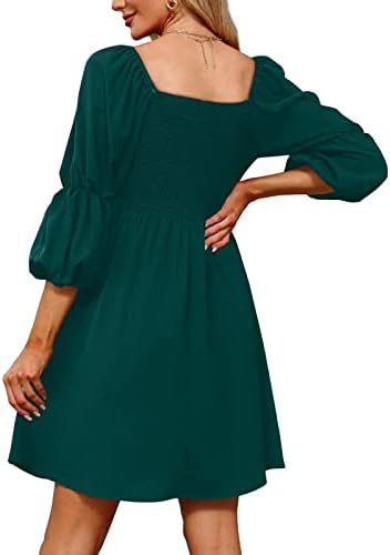 Женски фустани моден квадратен врат ракав ракав Смачкан фустан обичен 3/4 ракав цврст фустан во боја замав со проток фустан