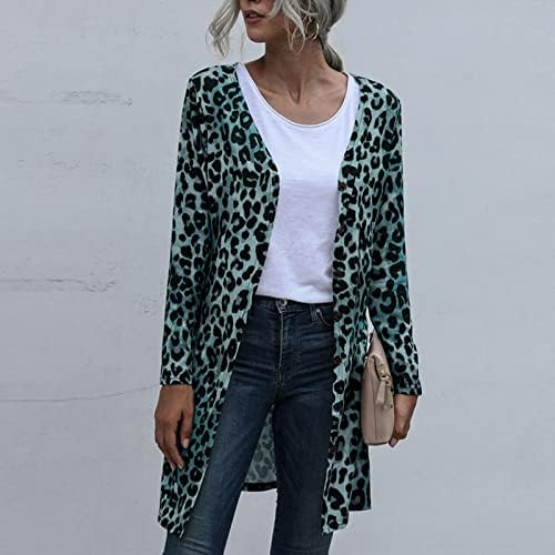Женски долги ракави отворени предни леопард печати драпени кардиган џемпер паѓаат стилски слаби лесен палто за надворешна облека