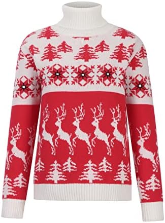 Џемпери за желки за жени мажи со долг ракав блок за празник на празник плетени врвови парови Божиќен џемпер