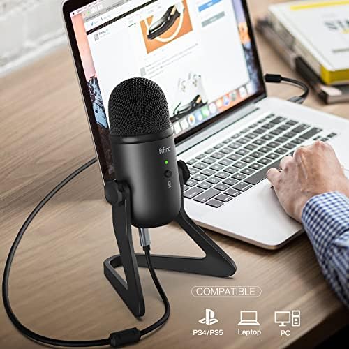 Pifine USB Podcast микрофон за снимање на стриминг, кондензатор компјутер за игри за игри за компјутер Mac PS4. Излез на слушалките и контрола