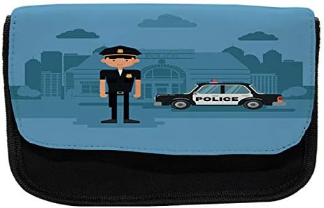 Зачудувачки полициски молив случај, полицаец пред станицата, торба со молив со ткаенини со двоен патент, 8,5 x 5,5, сина и мултикорорна