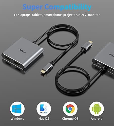 fairikabe USB C До Двоен HDMI Адаптер 4K@60Hz, 4 во 1 USB C До HDMI Адаптер СО 100w PD Полнење, Тип C До HDMI Конвертор со 2 HDMI, PD, USB, USB