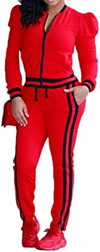 Women'sенски тренерки 2 парчиња облеки Обични пуфти со долги ракави со целосна патент и панталони Спорт Поставете пот.