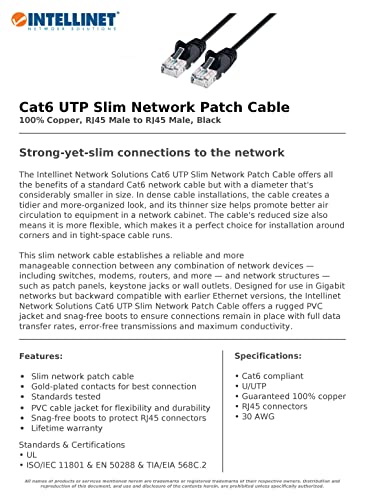 Интелинет Тенок Cat6 Етернет Мрежа Лепенка Кабел-10-Пакет-Snaggless Подигање, Тешки, ВРВОТ 30AWG Чиста Голи Бакарна Жица, Позлатени Контакти,