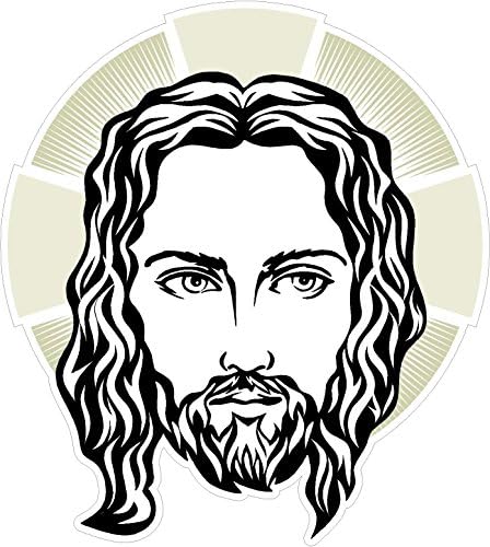 Овална Исус главна рака нацртана 4x4 инчи водач на религијата, христијанство силуета црно -бела Америка Соединетите држави налепници во