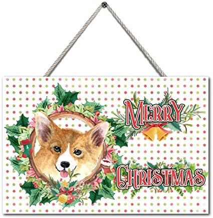 Божиќна врата знаци Симпатична куче Холи венец дрвена блок плакета Божиќ радосен декор како сезонски подарок за празници за пријателско семејство