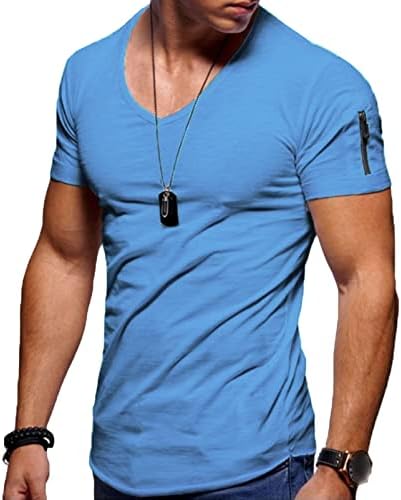 Машки мускули V врат салата за вежбање маица рака зашивање патент џеб џеб, врвен моден случај, тенок фит краток ракав