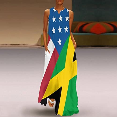 Американско Јамајканско Знаме Женски Летни Макси Фустани Без Ракави Длабок V Врат Лабав Долг Фустан Плажа Секојдневен Сарафан