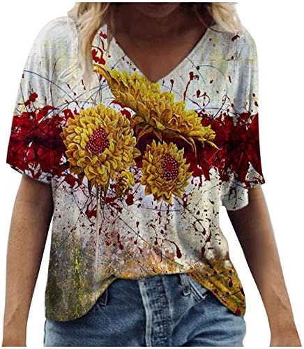 Massionенски модни кошули низ цела шарена цветна печатена маица против вратот кратки ракави, врвови лабави вклопени блузи